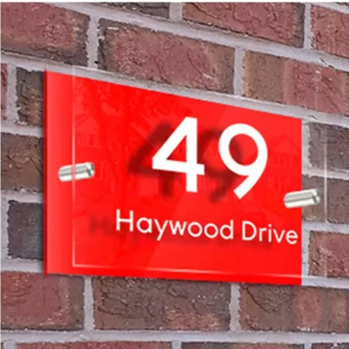 CUSTOM RED HOUSE SIGN ADDRESS NUMBER STREET ACRYLIC GLASS EFFECT PLAQUE