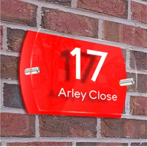 CUSTOM RED HOUSE SIGN ADDRESS NUMBER STREET ACRYLIC GLASS EFFECT PLAQUE