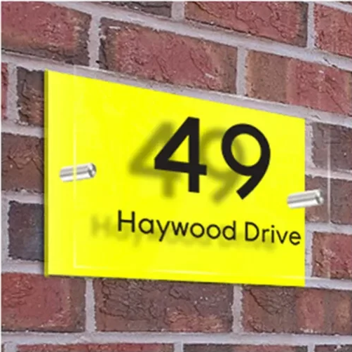 CUSTOM YELLOW HOUSE SIGN ADDRESS NUMBER STREET ACRYLIC GLASS EFFECT PLAQUE