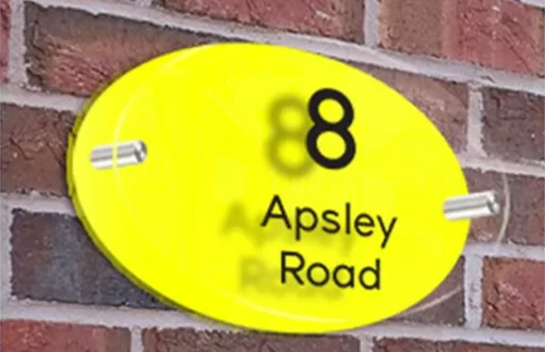 CUSTOM YELLOW HOUSE SIGN ADDRESS NUMBER STREET ACRYLIC GLASS EFFECT PLAQUE