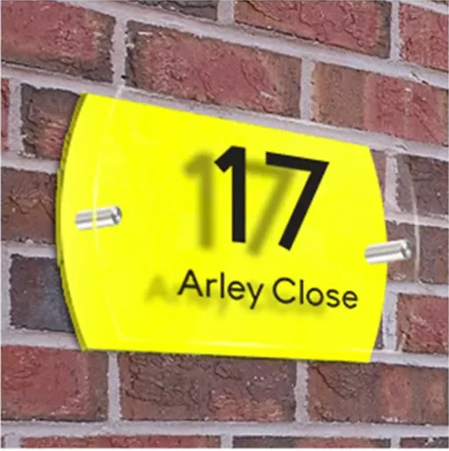 CUSTOM YELLOW HOUSE SIGN ADDRESS NUMBER STREET ACRYLIC GLASS EFFECT PLAQUE
