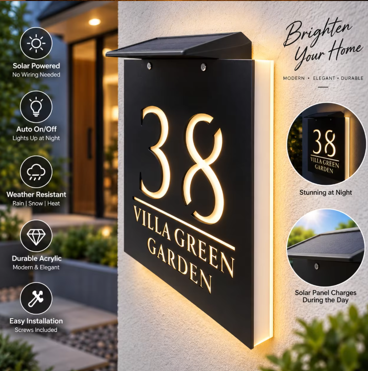 Custom Solar LED 3D Acrylic House Sign | Personalised Address Plaque
