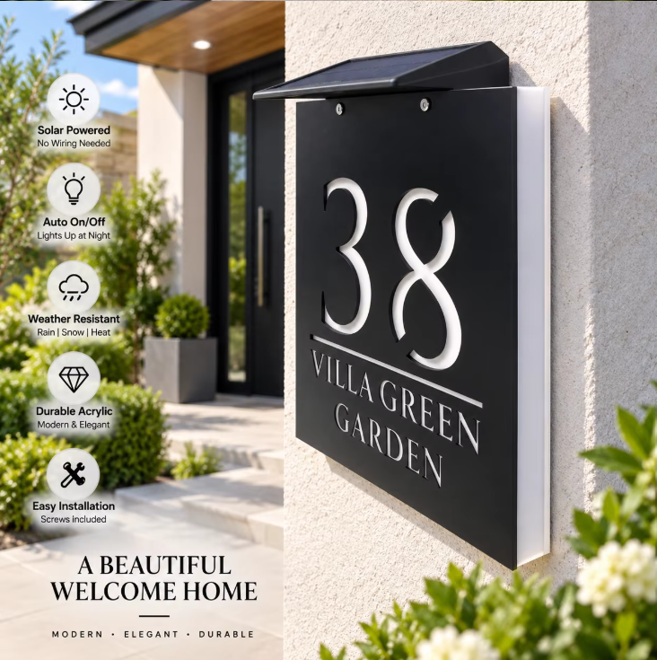 Custom Solar LED 3D Acrylic House Sign | Personalised Address Plaque