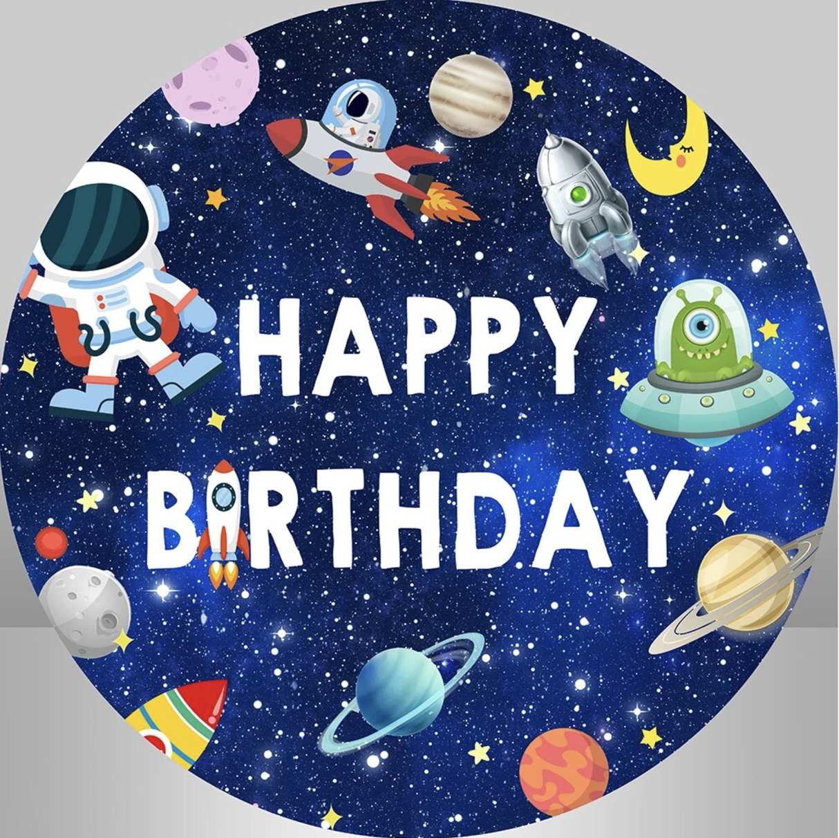 SPACE PLANETS MOON ROCKETS ASTRONAUTS ALIENS SAUCERS PARTY ROUND BIRTHDAY BANNER