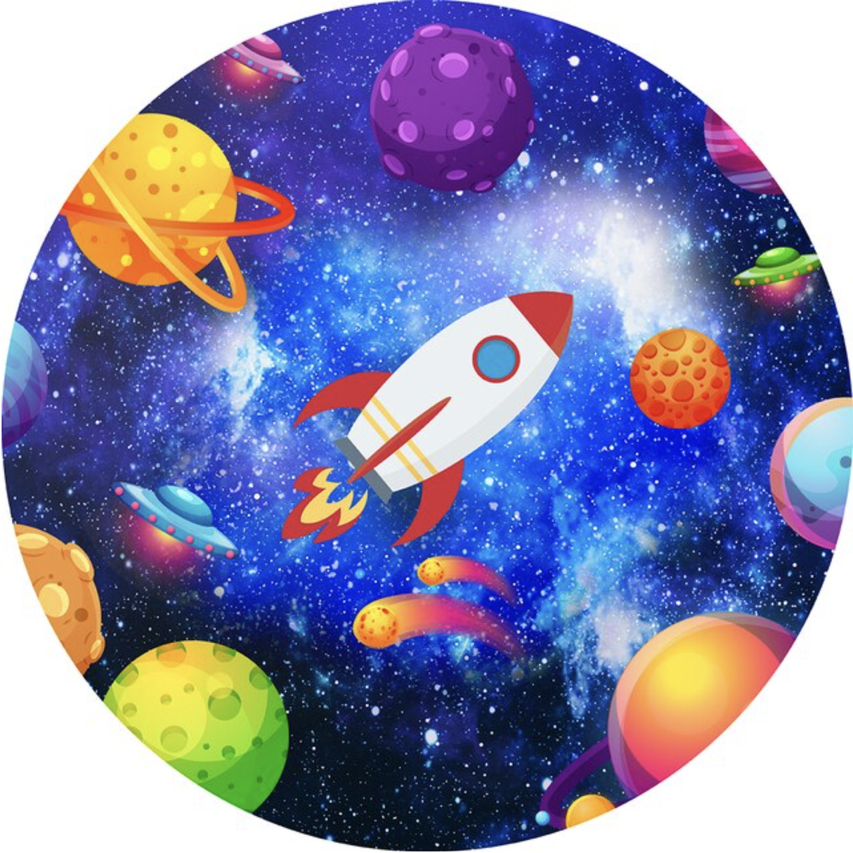 SPACE GALAXY ROCKET ALIEN PLANETS STARS PARTY ROUND BIRTHDAY BANNER BACKDROP