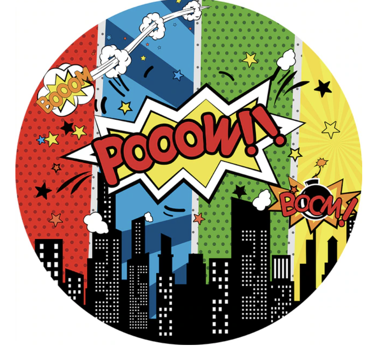 COMIC BOOK SUPERHEROES BOOM POW PARTY ROUND BIRTHDAY PERSONALISED BANNER BACKDROP