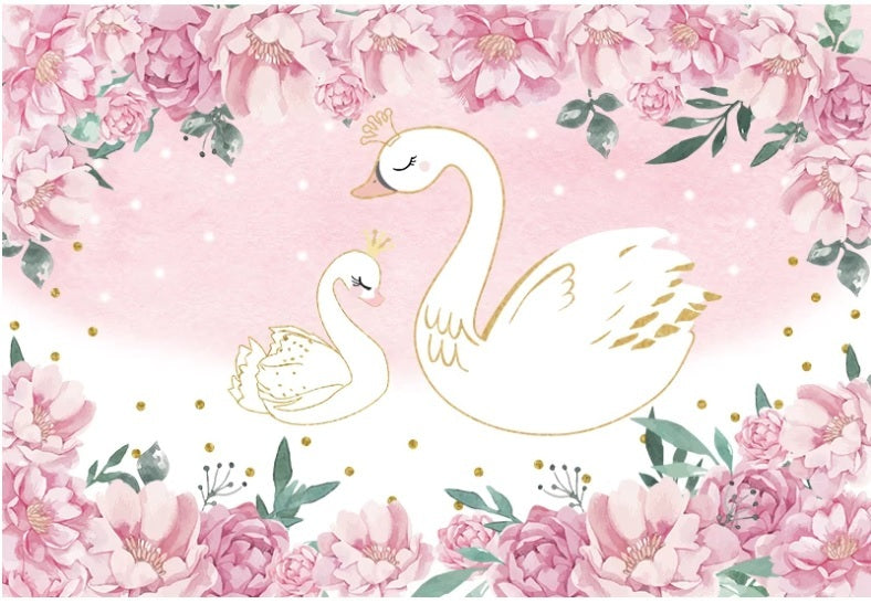 SWAN FLOWERS CROWN WHITE PINK PERSONALISED PARTY BANNER BACKDROP DECORATION