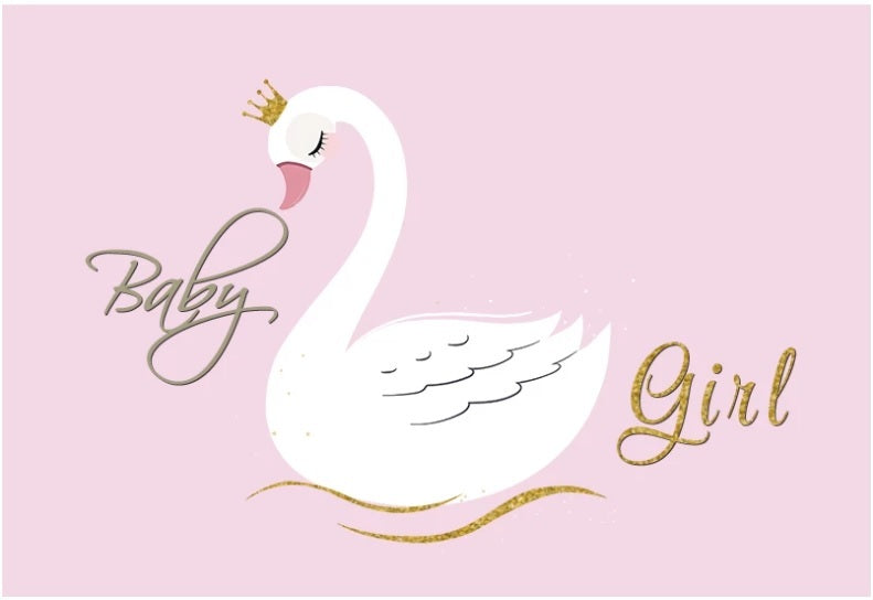 SWAN BABY GIRL CROWN WHITE PINK PERSONALISED PARTY BANNER BACKDROP DECORATION