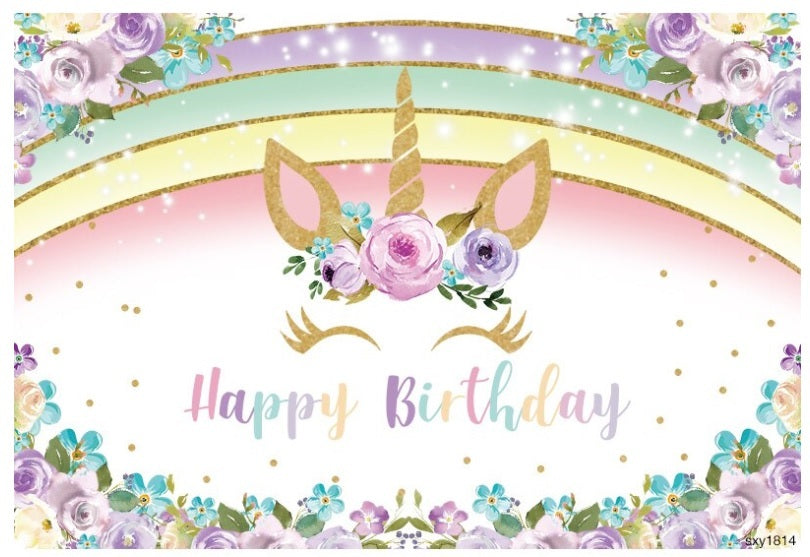 UNICORN PASTEL FLOWERS PERSONALISED BIRTHDAY PARTY BANNER BACKDROP DECORATION