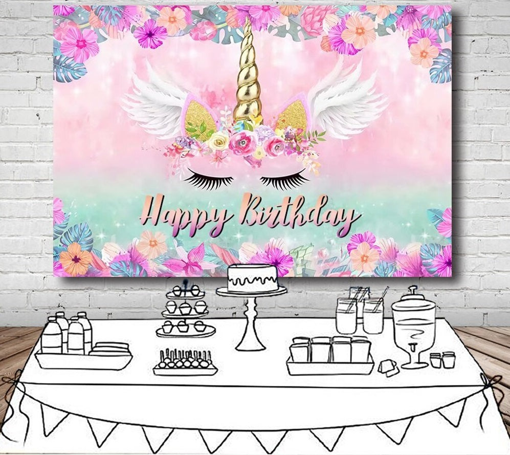 UNICORN COLOURED PERSONALISED BIRTHDAY PARTY BANNER BACKDROP DECORATION