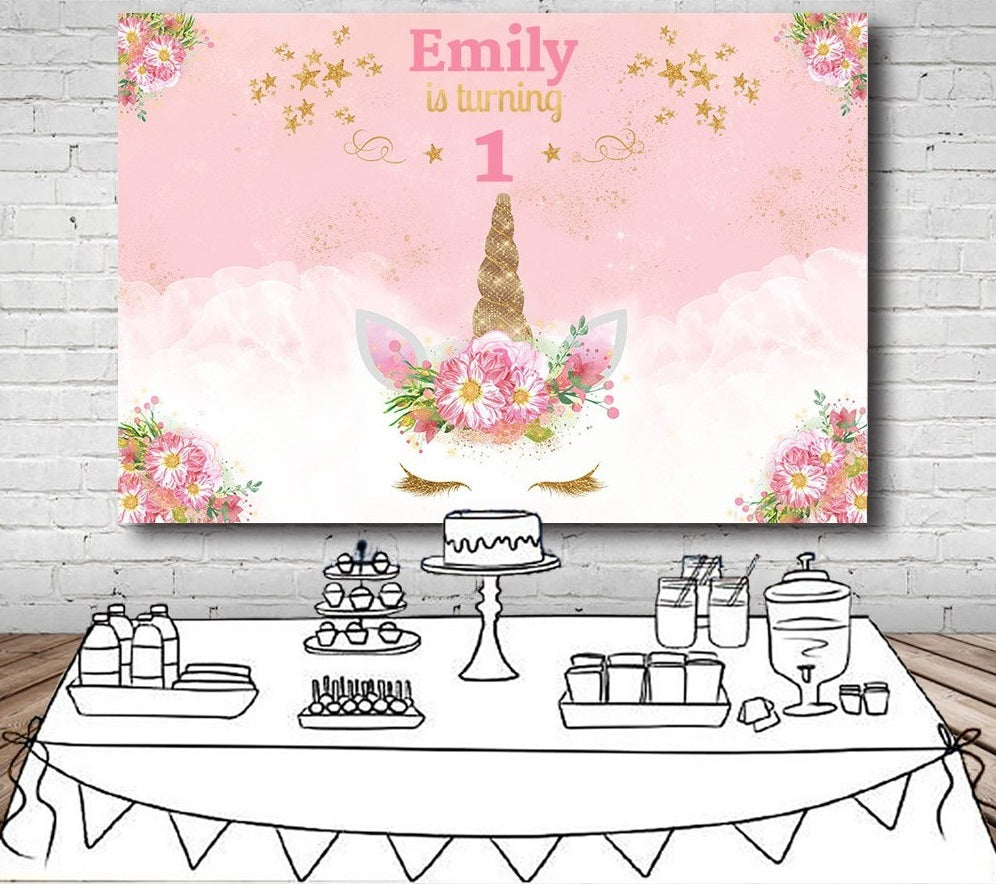 UNICORN FIRST 1ST PINK GOLD BIRTHDAY PARTY BANNER BACKDROP DECORATION