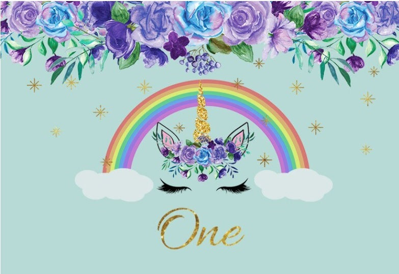 UNICORN GREEN RAINBOW FLOWERS PERSONALISED BIRTHDAY PARTY BANNER BACKDROP