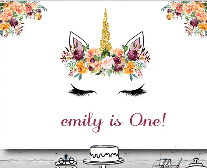 UNICORN WHITE BURGUNDY PERSONALISED BIRTHDAY PARTY BANNER BACKDROP DECORATION