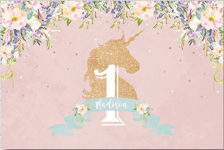 UNICORN GLITTER GOLD FLOWERS PERSONALISED BIRTHDAY PARTY BANNER BACKDROP
