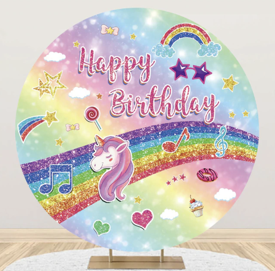 UNICORN GLITTER RAINBOW MUSIC STARS HEARTS CUPCAKES PARTY ROUND BIRTHDAY BANNER