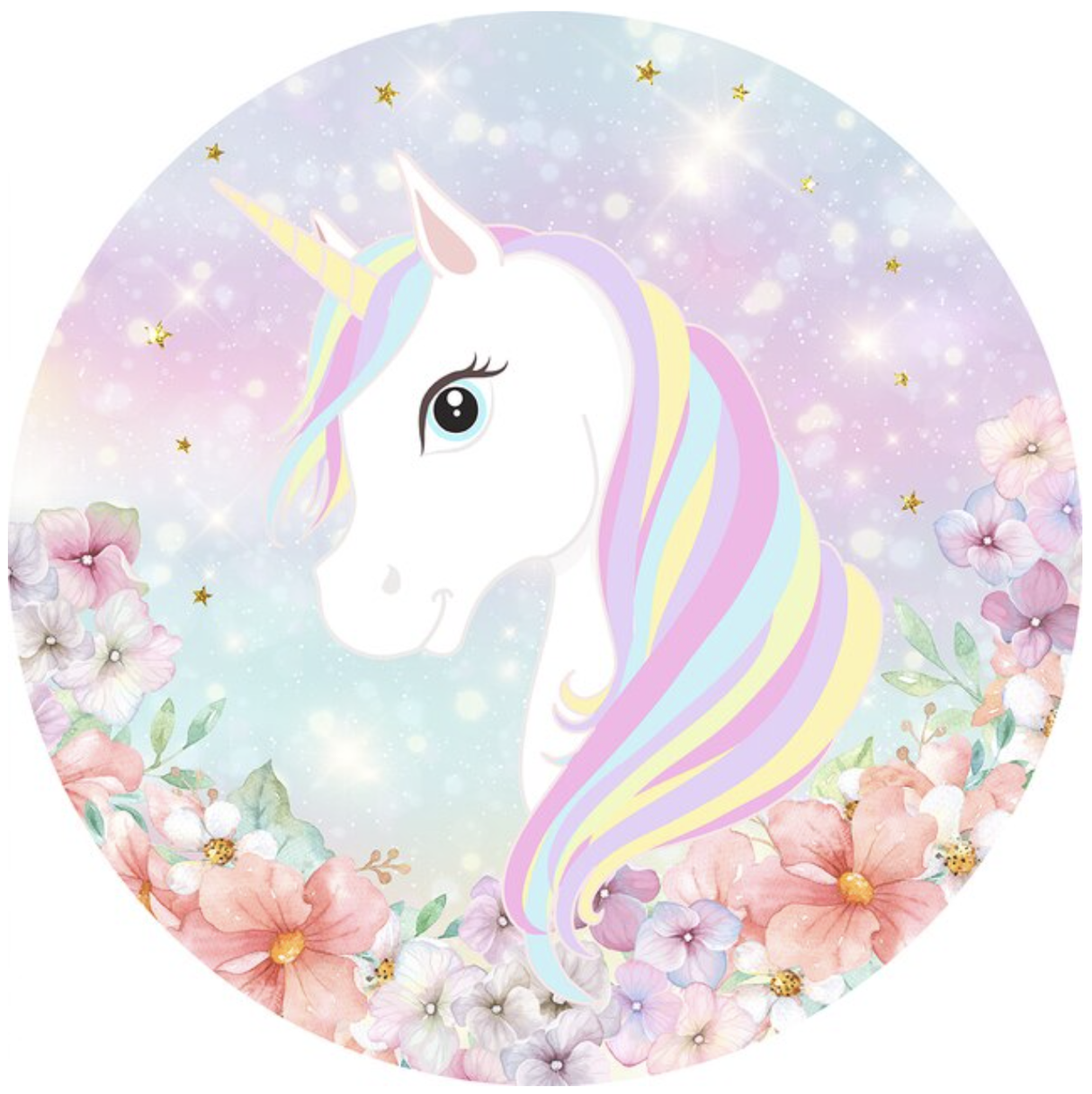 UNICORN FANTASY RAINBOW MAGIC FLOWERS PARTY ROUND BIRTHDAY BANNER BACKDROP