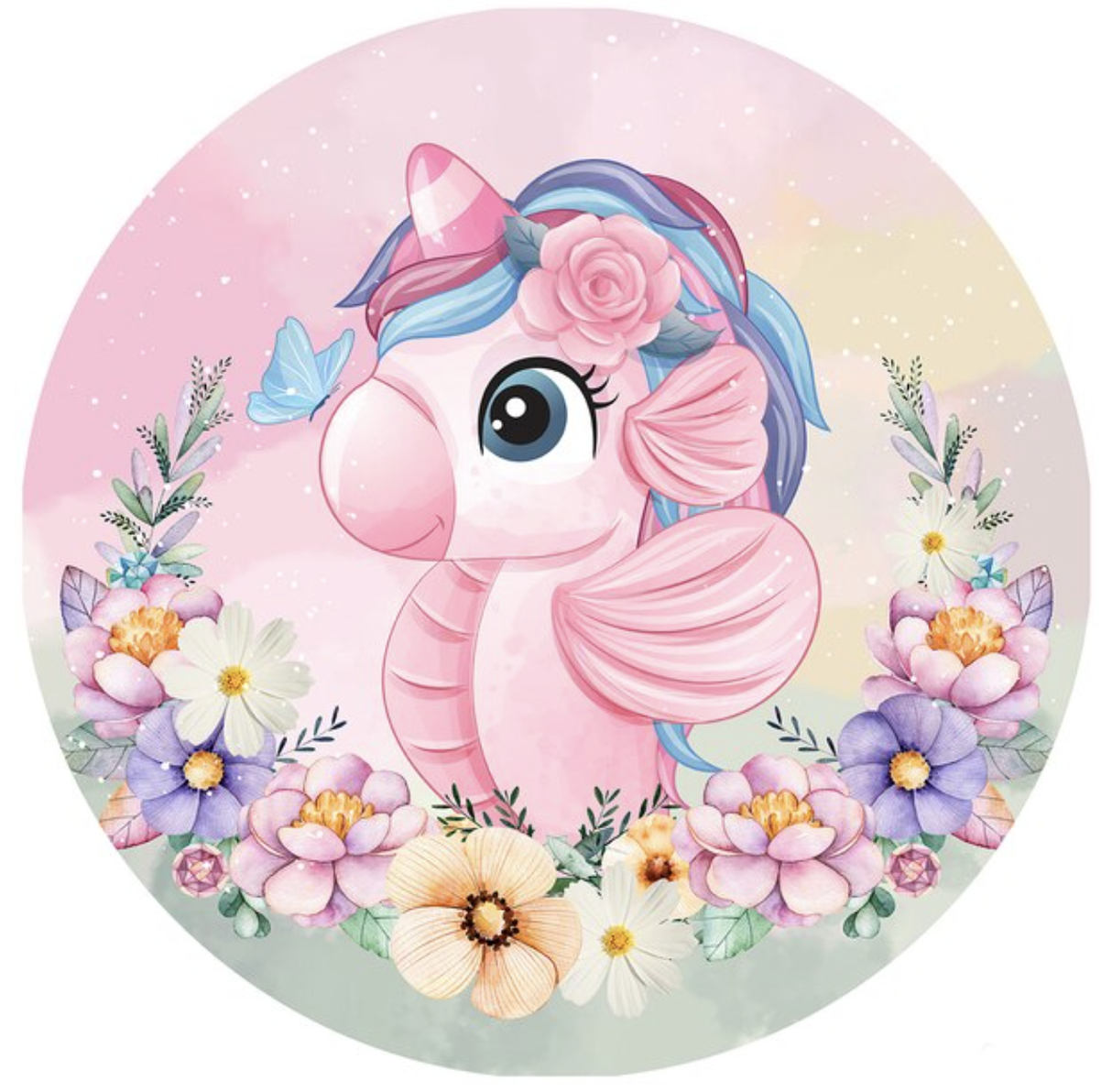 UNICORN RAINBOW ROSES FLOWERS GLITTER PASTELS PARTY ROUND BIRTHDAY BANNER BACKDROP