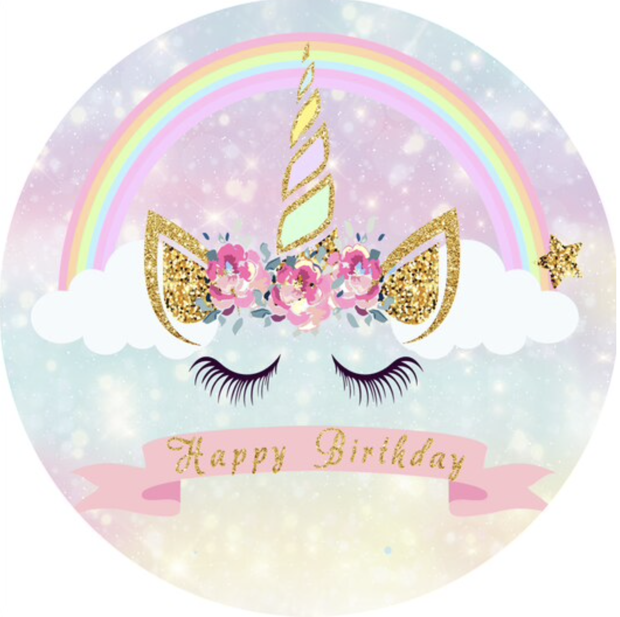 UNICORN RAINBOW ROSES GLITTER STARS PARTY ROUND BIRTHDAY BANNER BACKDROP