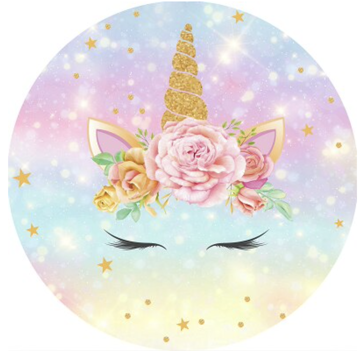 UNICORN STARS GLITTER ROSES RAINBOW FANTASY PARTY ROUND BIRTHDAY BANNER BACKDROP