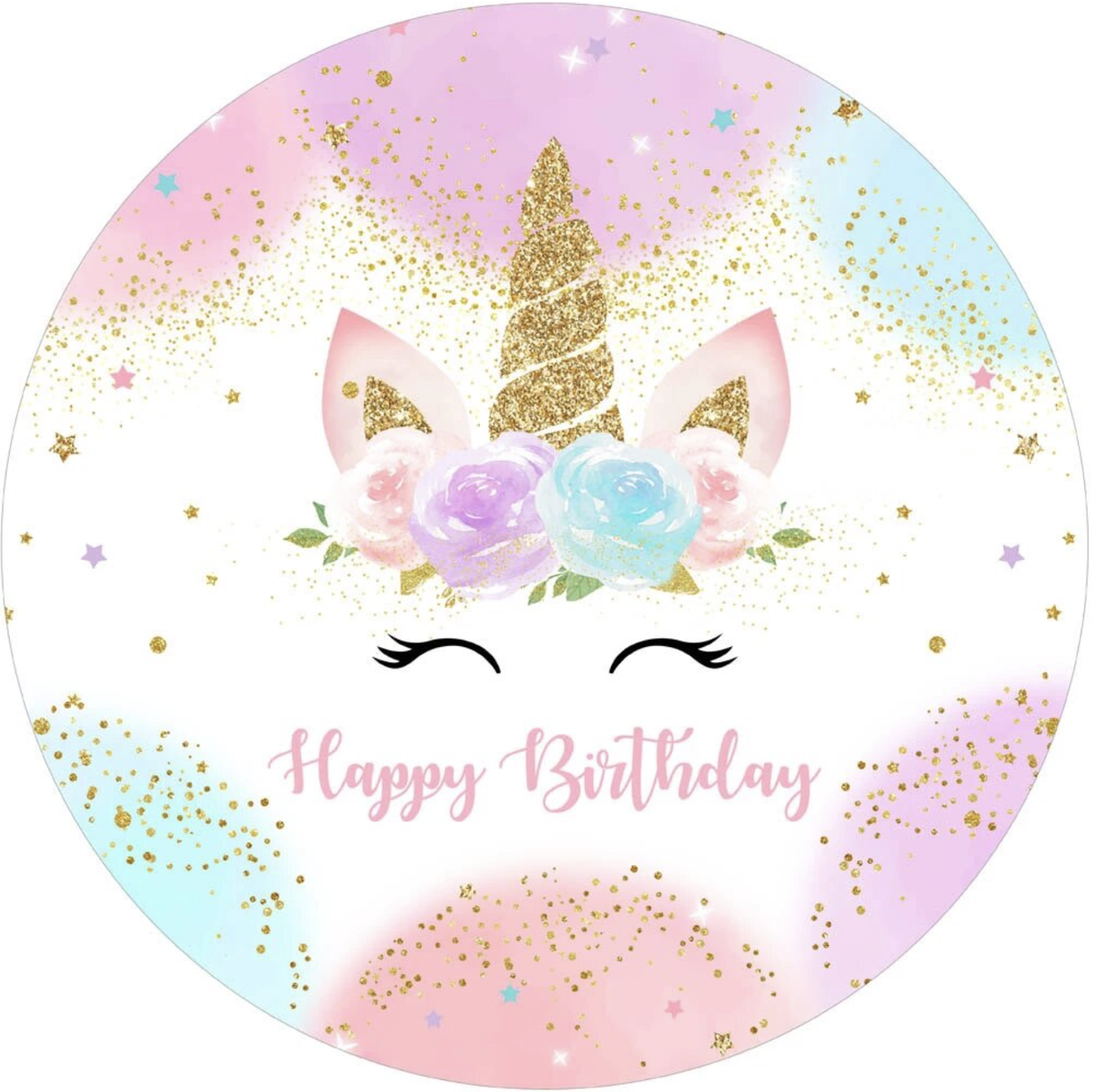 UNICORN ROSES STARS GOLD GLITTER PINK BLUE PURPLE PARTY ROUND BIRTHDAY BANNER