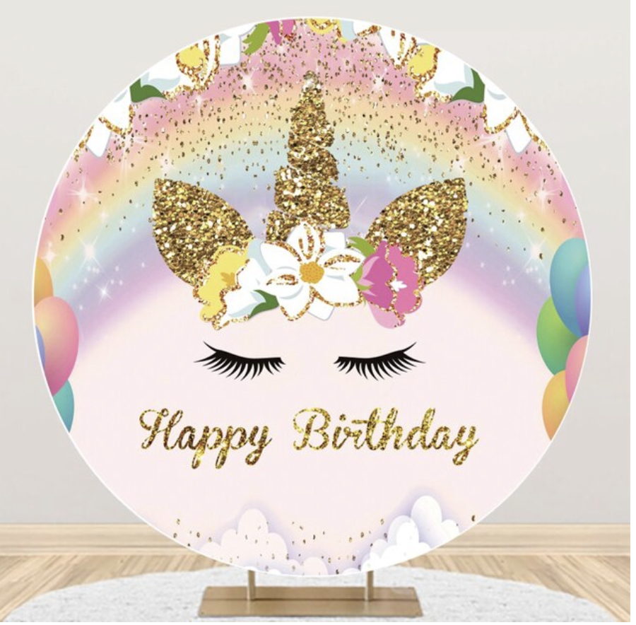 UNICORN RAINBOW BALLOONS FLOWERS GLITTER PARTY ROUND BIRTHDAY BANNER BACKDROP