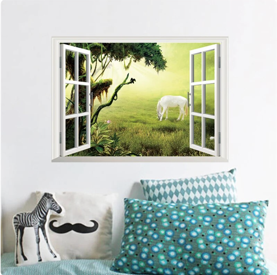 WHITE HORSE FIELD FANTASY FOREST WINDOW VIEW 3D WALL STICKER MURAL ART Decal