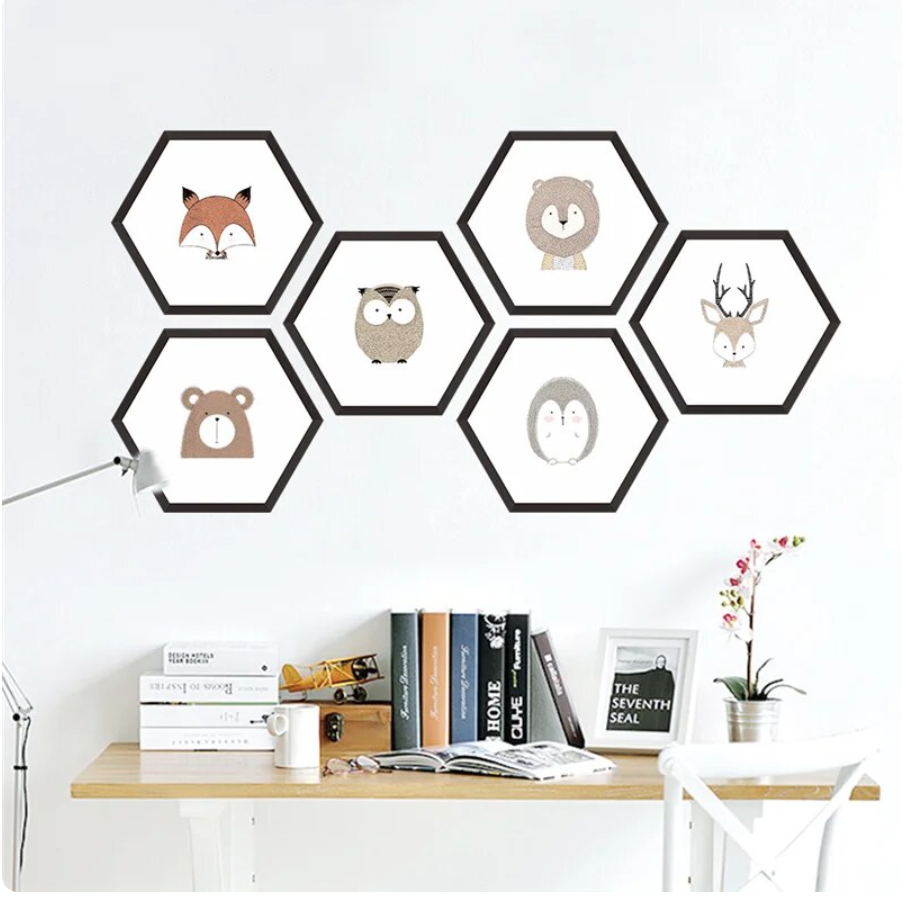 HEXAGON ANIMALS OWL FOX BEAR DEER LION 3D WALL STICKER MURAL ART Decal
