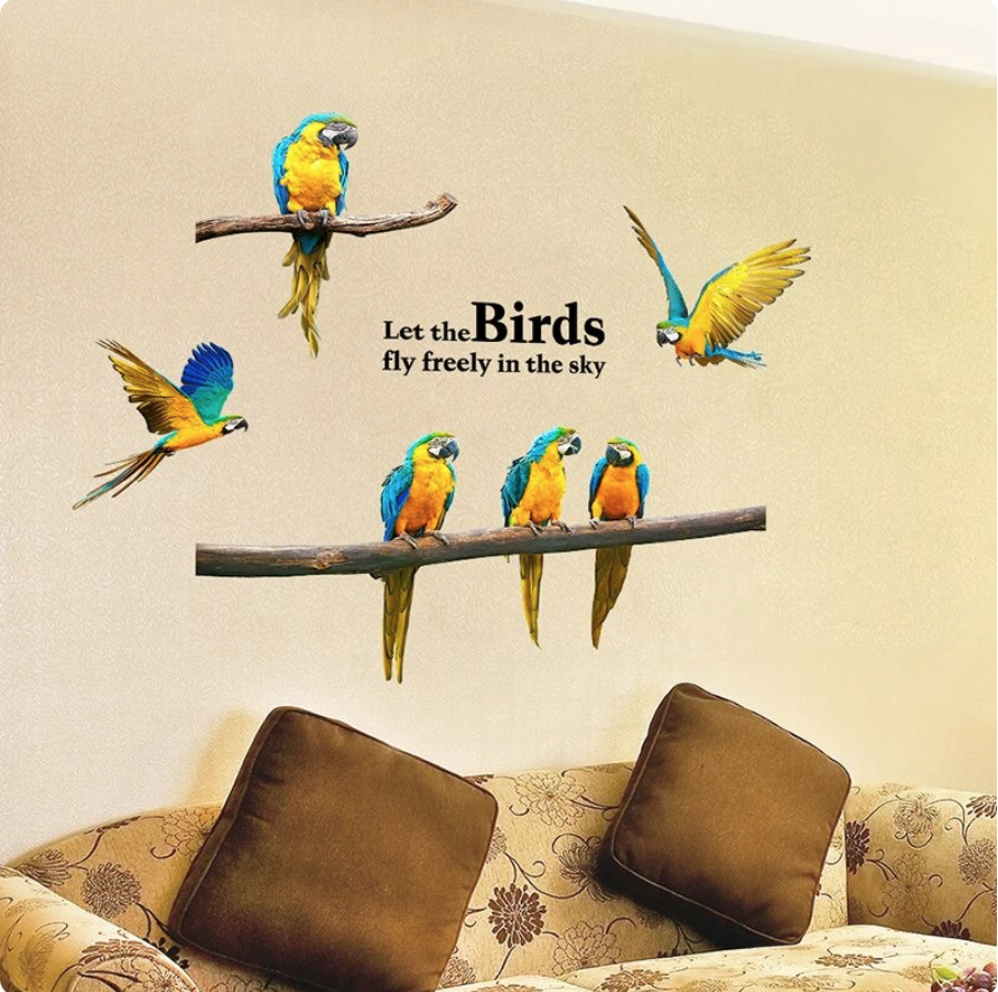 PARROTS ON BRANCH ANIMALS PARAKEET BIRDS FLY FREE 3D WALL STICKER MURAL Decal