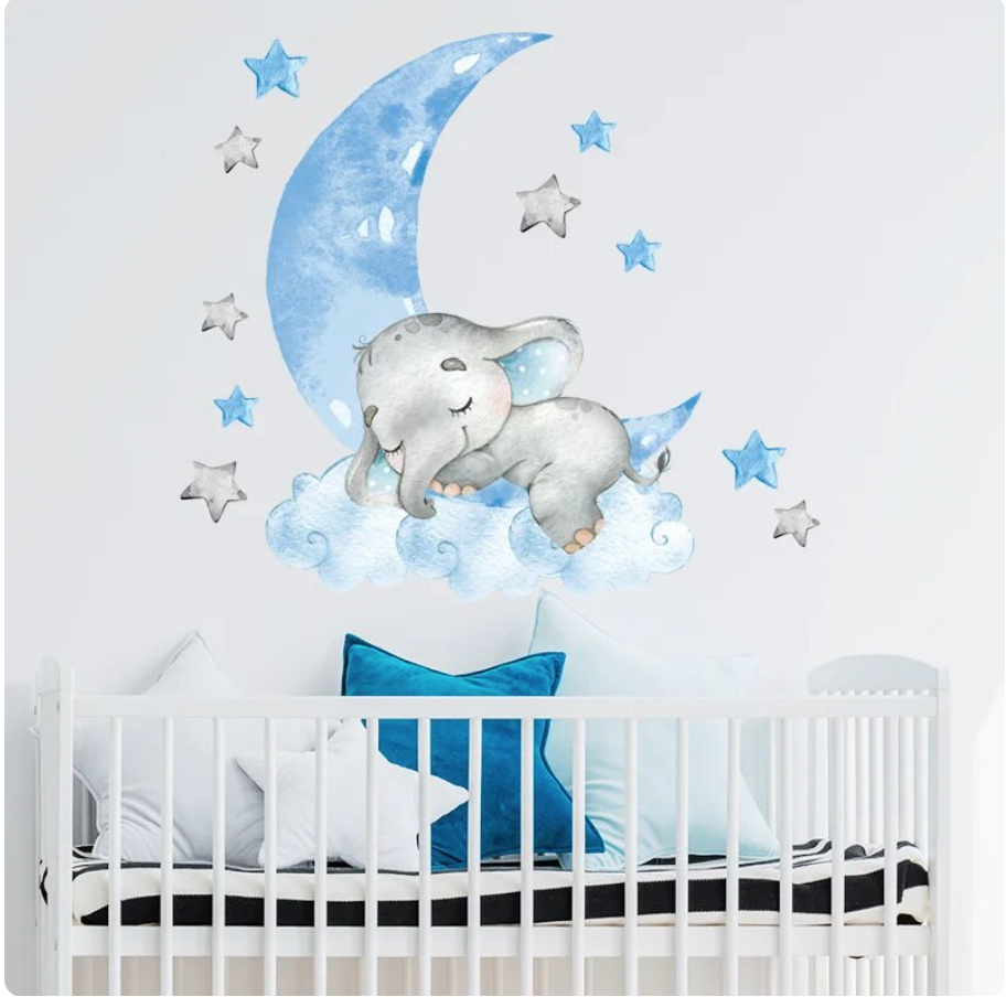 ELEPHANT SLEEPING ON CRESCENT MOON CLOUDS BLUE STARS WALL STICKER MURAL Decal