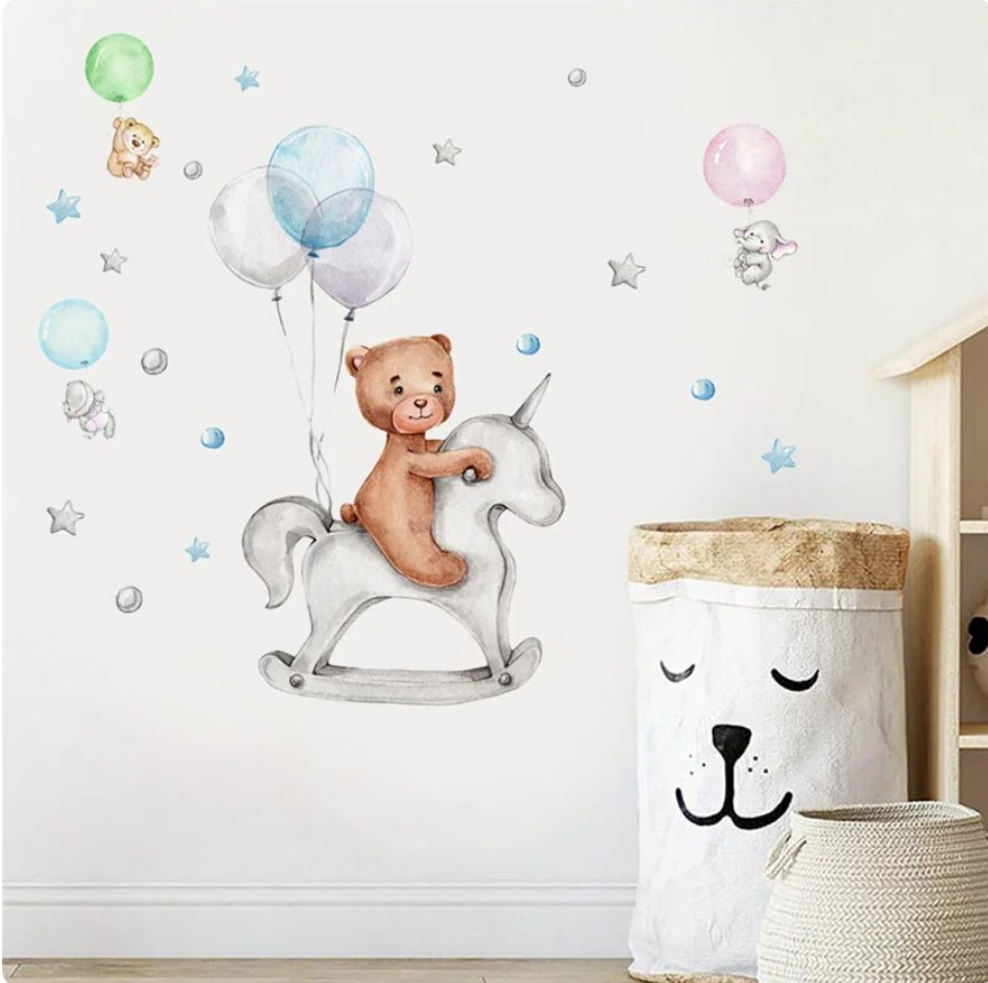 TEDDY BEAR RIDING UNICORN BALLOONS STARS BABY ELEPHANT WALL STICKER MURAL Decal