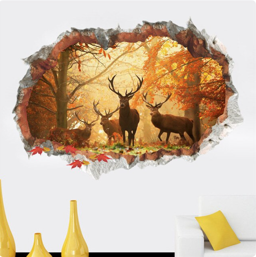 RUNNING DEER AUTUMN FOREST RED YELLOW TREES ANIMALS 3D WALL STICKER MURAL Decal