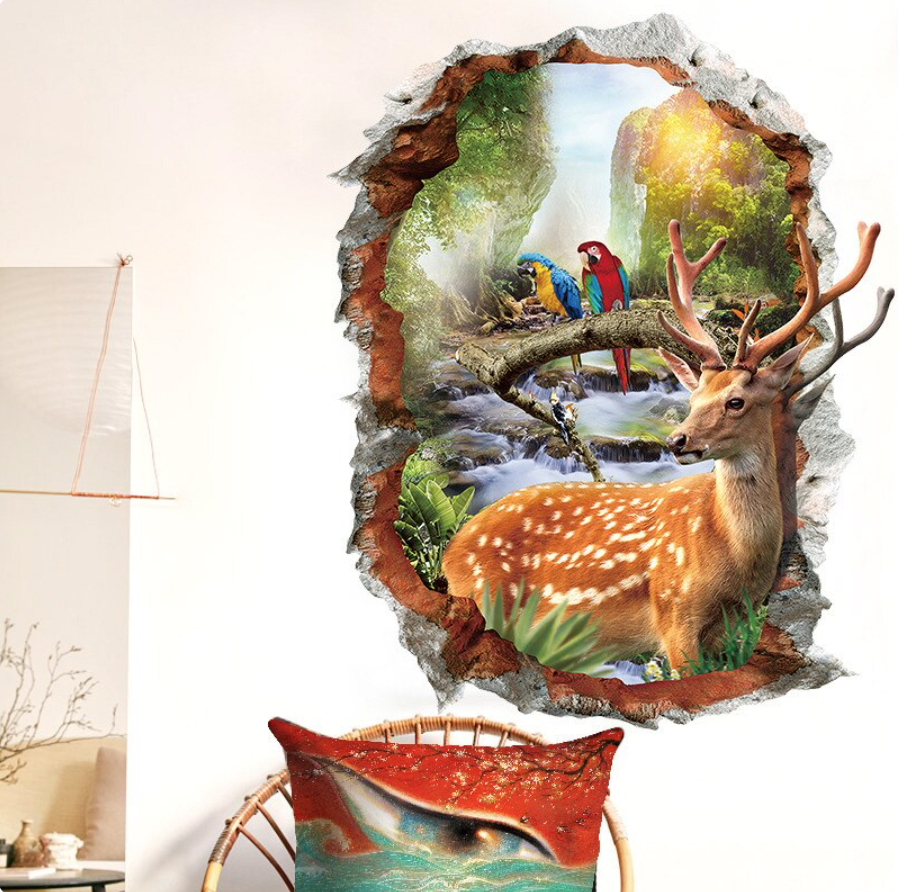 DEER BIRDS WATERFALL JUNGLE FOREST 3D WALL STICKER MURAL ART Decal