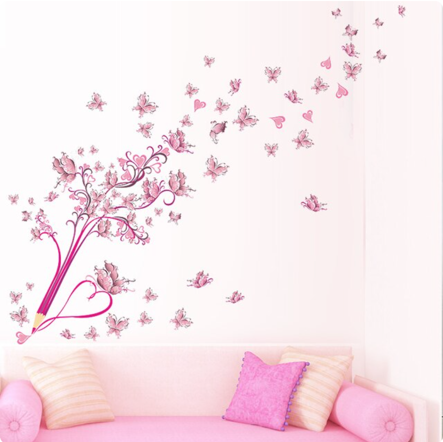 PENCIL DRAWING PINK FLOWERS HES BUTTERFLIES 3D WALL STICKER MURAL Decal