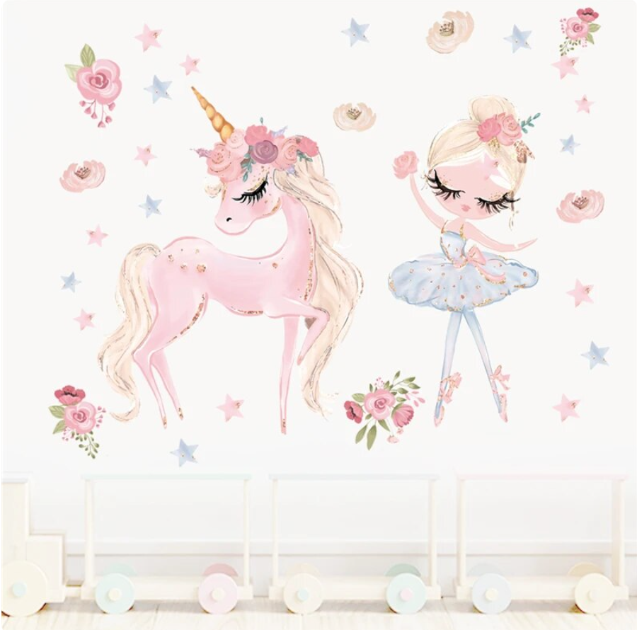 BALLET BALLERINA UNICORN PINK TUTU STARS ROSES 3D WALL STICKER MURAL ART Decal