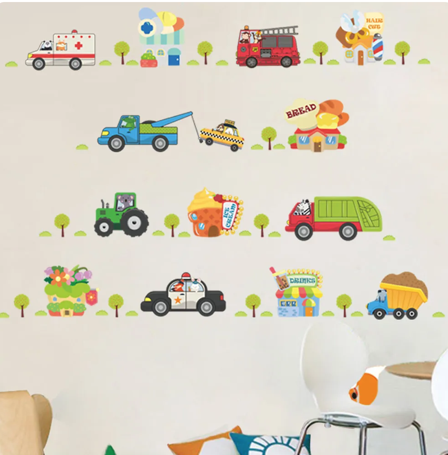 CARS TRUCK TRACTOR FIRETRUCK TREES AMBULANCE POLICE CAR WALL STICKER MURAL Decal