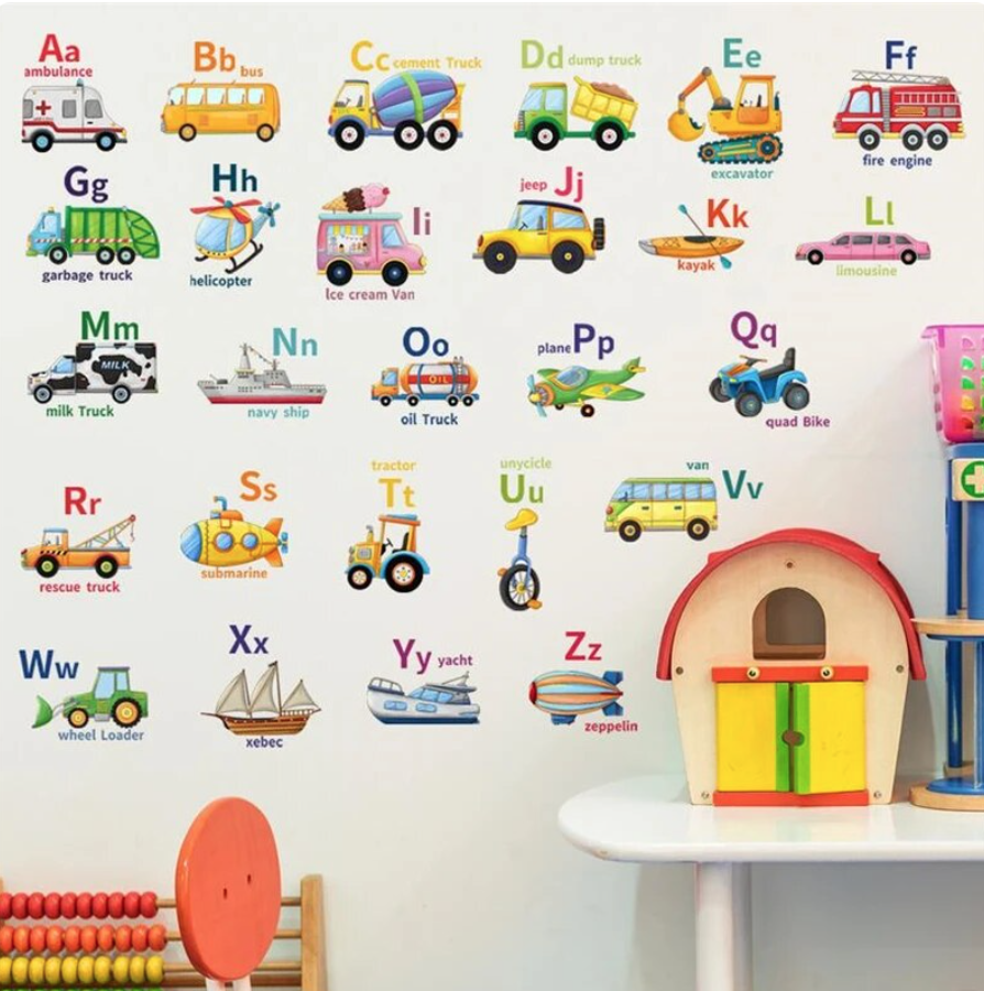 ALPHABET CARS TRUCKS VEHICLES FIRETRUCK TRAIN ICE CREAM WALL STICKER MURAL Decal