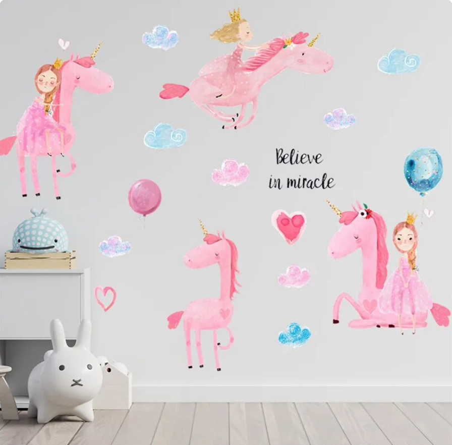 PRINCESS ON HORSE PINK CROWN HEARTS BALLOONS 3D WALL STICKER MURAL ART Decal