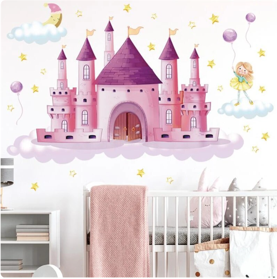 PINK FAIRYTALE SKY CASTLE CLOUDS MOON STARS BALLOONS WALL STICKER MURAL Decal
