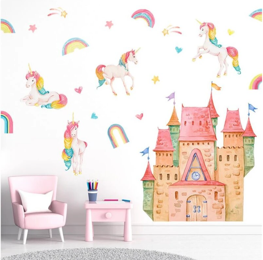 ORANGE UNICORN CASTLE RAINBOWS LOVE HEARTS 3D WALL STICKER MURAL ART Decal