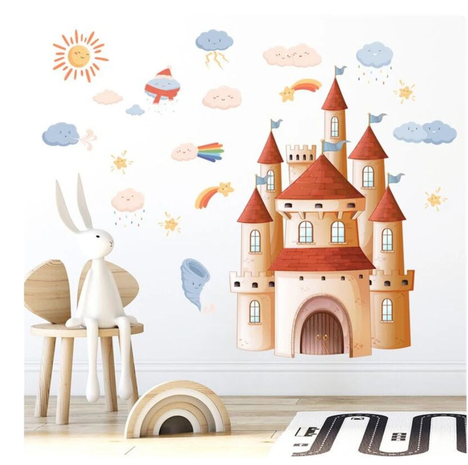 ORANGE FAIRYTALE PRINCE PRINCESS CASTLE CLOUDS SUN SKY WALL STICKER MURAL Decal