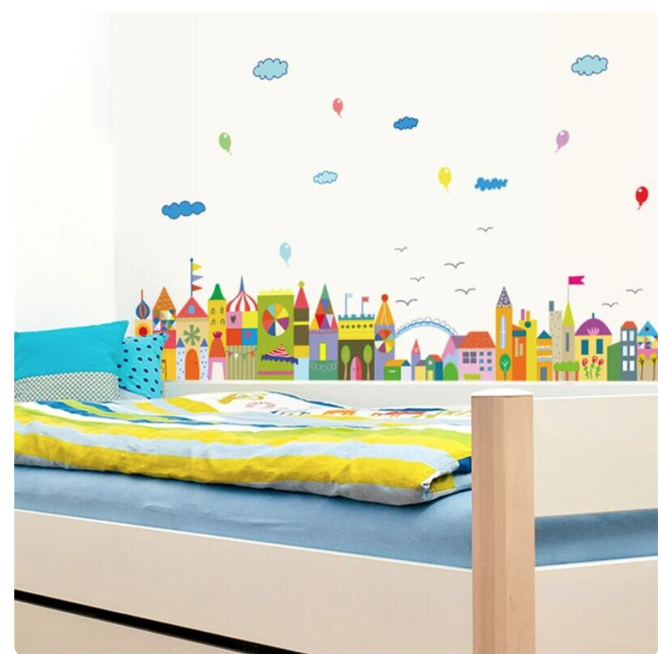 FAIRYTALE TOWN CASTLES PRINCE PRINCESS CLOUDS BIRDS WALL STICKER MURAL Decal