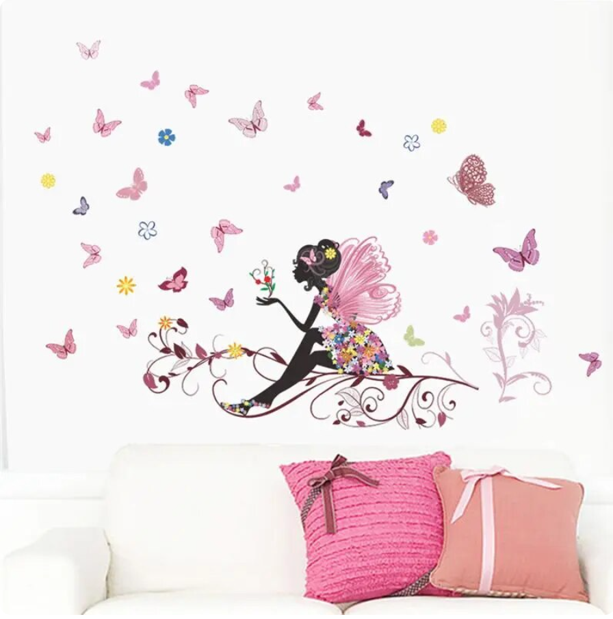 FAIRY SILHOUETTE BUTTERFLIES FLOWERS RIBBONS SWIRLS WALL STICKER MURAL Decal