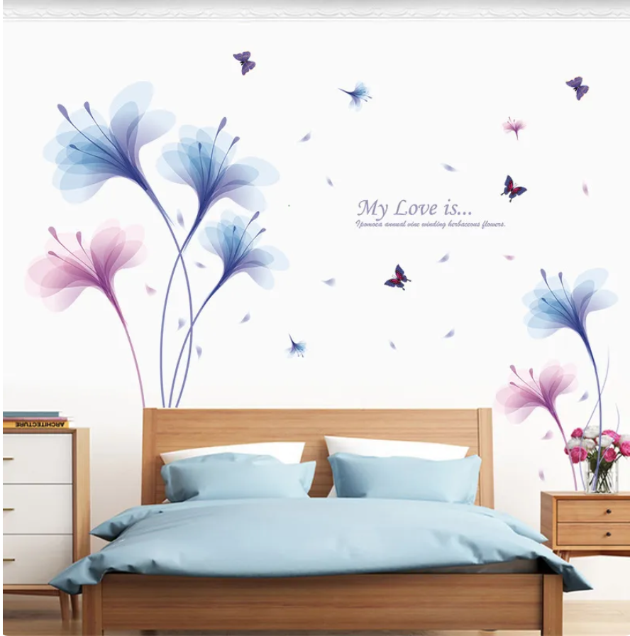 BLUE FLOWERS MY LOVE PETALS BUTTERFLY 3D WALL STICKER MURAL ART Decal