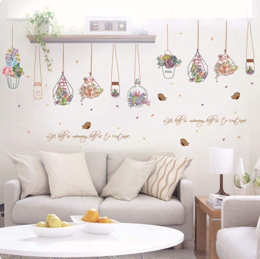 FLOWER POTS FOLIAGE LEAVES BIRDS NATURE 3D WALL STICKER MURAL ART Decal