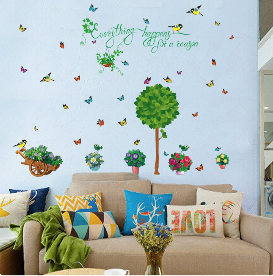 FLOWERS TREE NATURE BUTTERFLIES LEAVES BIRDS 3D WALL STICKER MURAL ART Decal