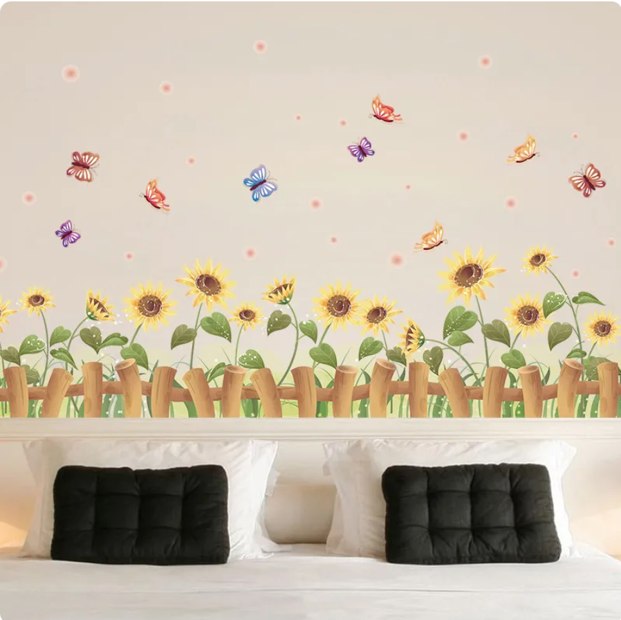 SUNFLOWERS FLORAL BUTTERFLIES FENCE 3D WALL STICKER MURAL ART Decal