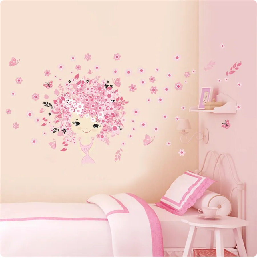 GIRL SILHOUETTE FLOWERS BUTTERFLIES CHERRY BLOSSOMS 3D WALL STICKER MURAL Decal
