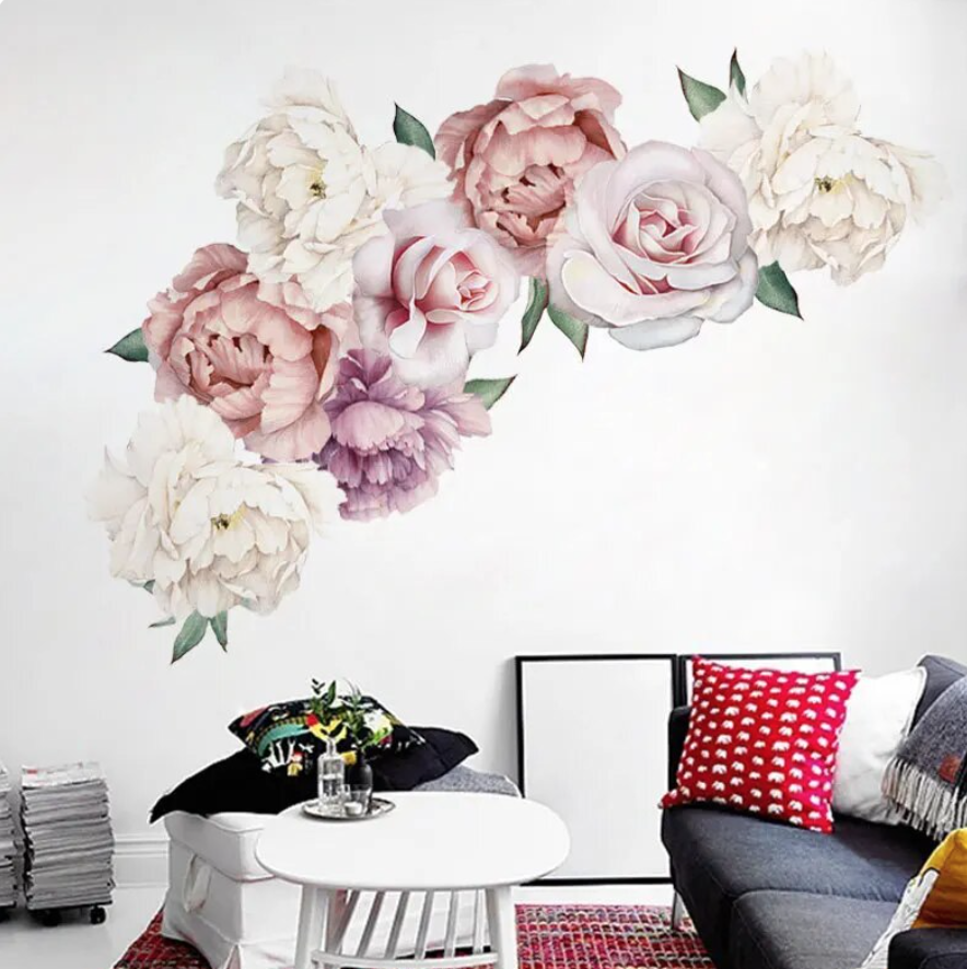 PEONY FLOWERS PLANTS LEAVES PINK PURPLE WHITE 3D WALL STICKER MURAL ART Decal