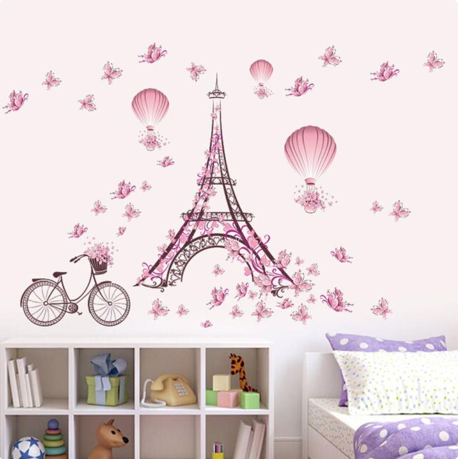 EIFFLE TOWER PINK FLOWERS BUTTERFLIES BICYCLE BALLOON WALL STICKER MURAL Decal