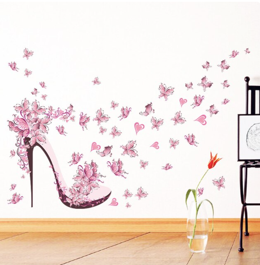 HIGH HEEL SHOES FLOWERS PINK HEARTS BUTTERFLY 3D WALL STICKER MURAL ART Decal